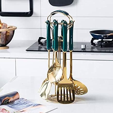 6 Pieces Ceramic Handle Stainless Steel Kitchen Cooking Utensils Tools Set With Stand - kitchenly.pk