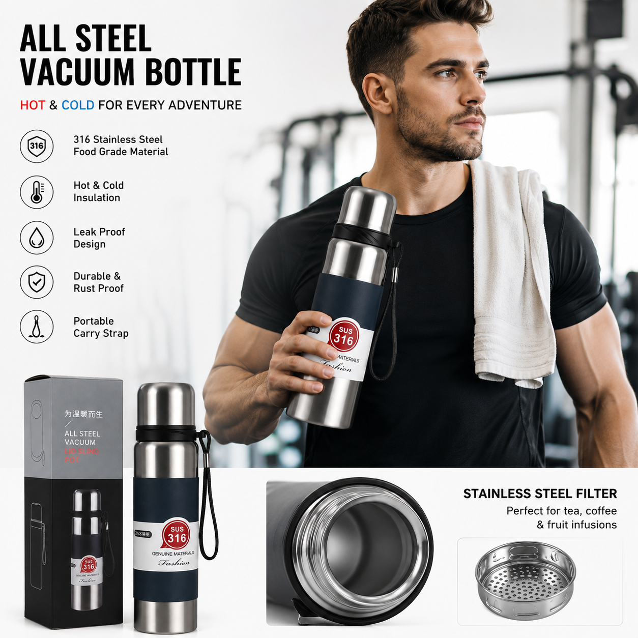 stainless steel hot and cold water bottle 1000ml