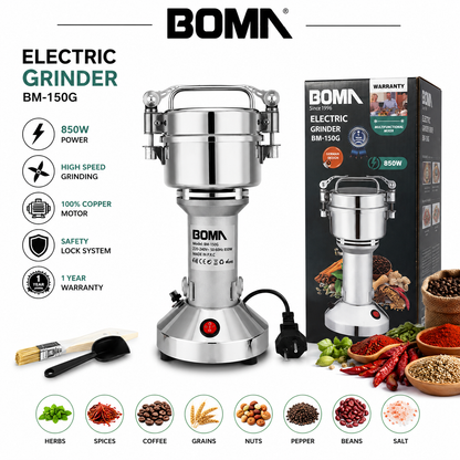 BOMN BM-150G electric grinder in polished stainless steel, shown with its retail box, power cord, brush, and spoon on a white background. The image includes feature icons and ingredient examples like herbs, spices, coffee, grains, nuts, pepper, beans, and salt.