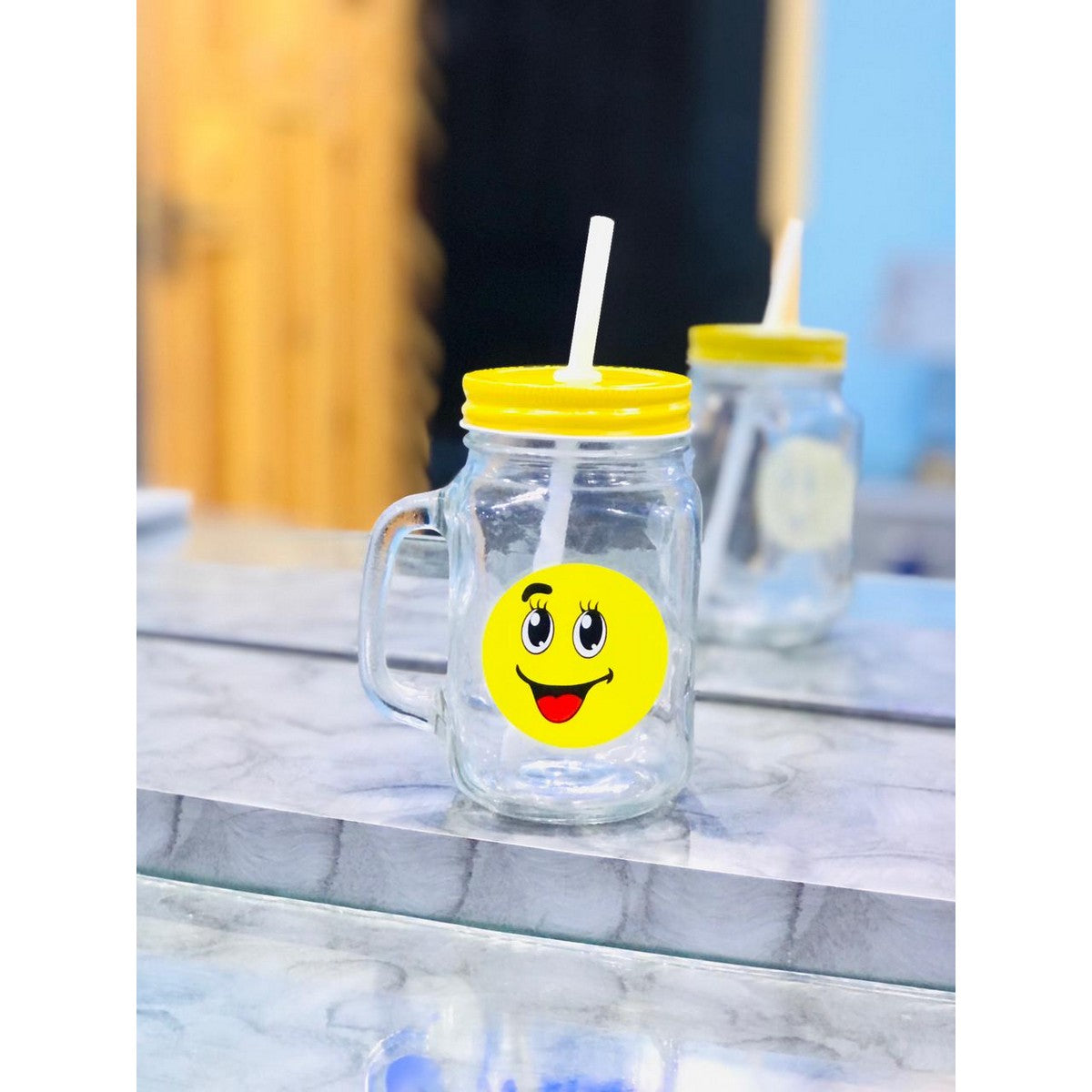 Pack of 2 Juice Glass Juice Mug Juice glass with lid and straw Emoji design juice glass - kitchenly.pk