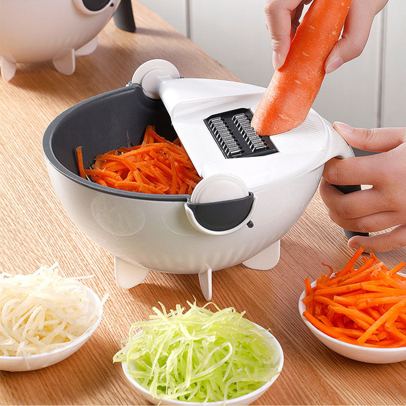 9 in 1 Multifunctional Rotating Vegetable Cutter Kitchen Slicer with Drain Basket - kitchenly.pk