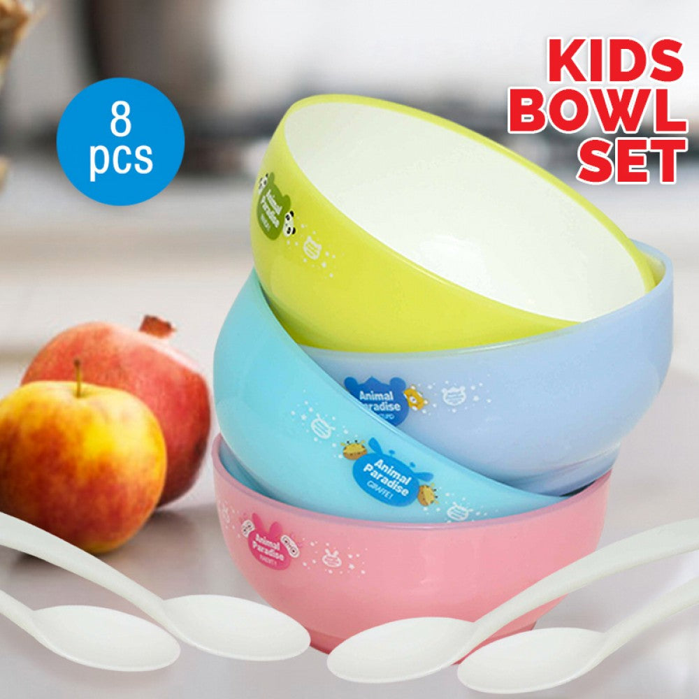 8 Pcs Animal Paradise Cartoon 4 Bowl wiith 4 Spoon Set For Kids - kitchenly.pk